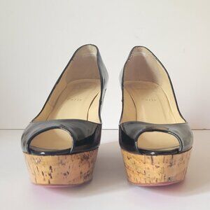 Christian Louboutin Black Patent Leather Peep Toe Cork Sole Platform Wedges